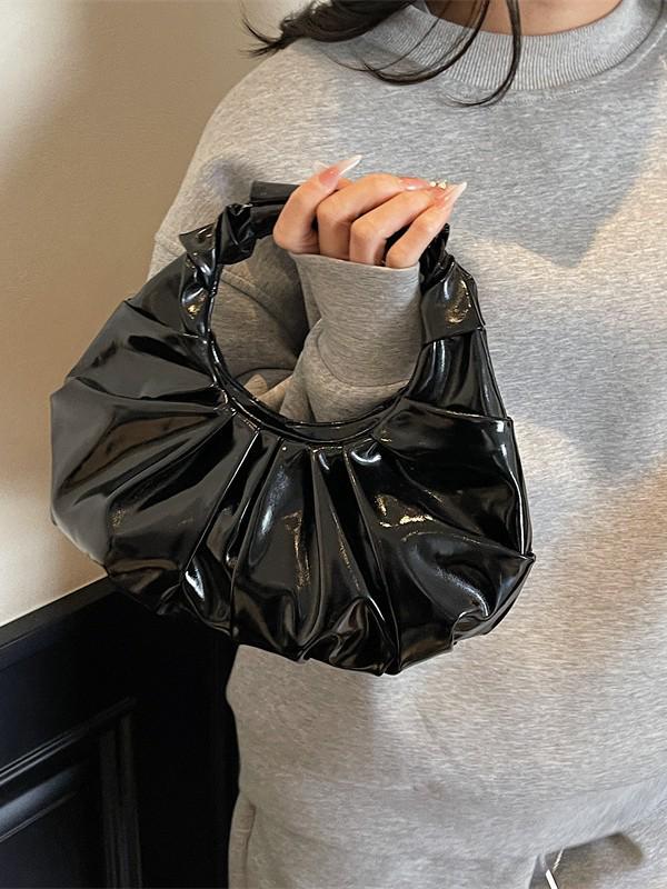 Women's Glossy Metal PU Cloud Handbag with Pleated Design - European & American Style
