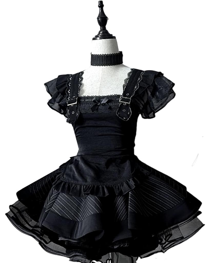 Maid Gotik Lolita Retro Schwarz-Weiß Gestreiftes Lolita Cosplay Rüschen Lolita Kurzarm Kostüm Ordentlich und Perfekt für Cafés und Freizeitparks