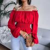 Fashion Elegant Off-shoulder Hem Ruffle Edge Blouse Women Slim Fit Pleated Solid Color Shirt Long Sleeve Casual Simple Short Top Sexy Women's Clothing