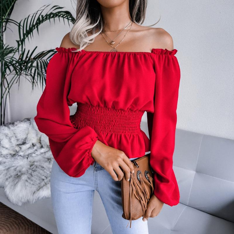 Fashion Elegant Off-shoulder Hem Ruffle Edge Blouse Women Slim Fit Pleated Solid Color Shirt Long Sleeve Casual Simple Short Top Sexy Women's Clothing
