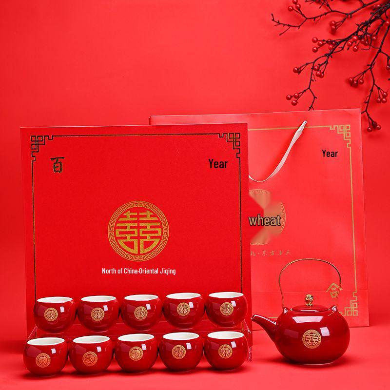 Red Chinese Wedding Tea Set: Complete Gift with Bride's Dowry Tray & Teapot