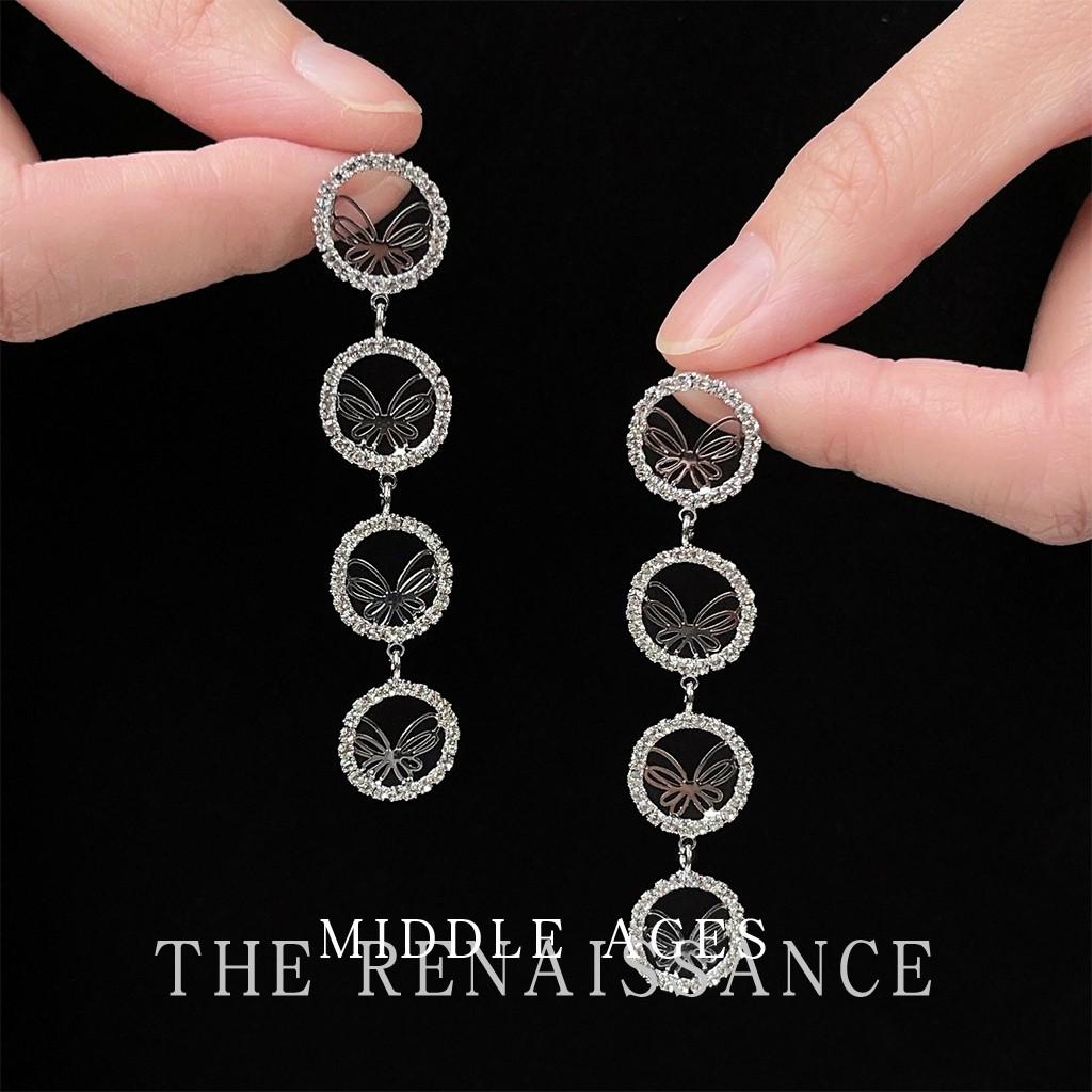 Burst flash~ Medieval style long diamond-encrusted fringed butterfly earrings exaggerated style light luxury earrings women