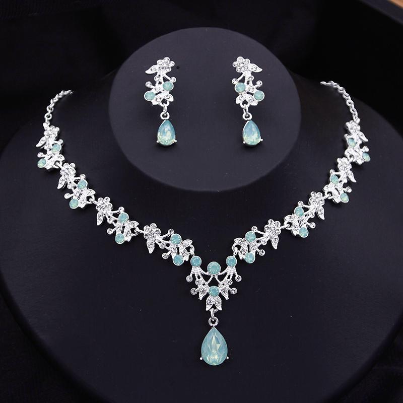 Blue Crown Bridal Jewelry Sets for Women Opal Tiara Necklace Earrings Sets Prom Wedding Bride Jewelry Costume Accessories