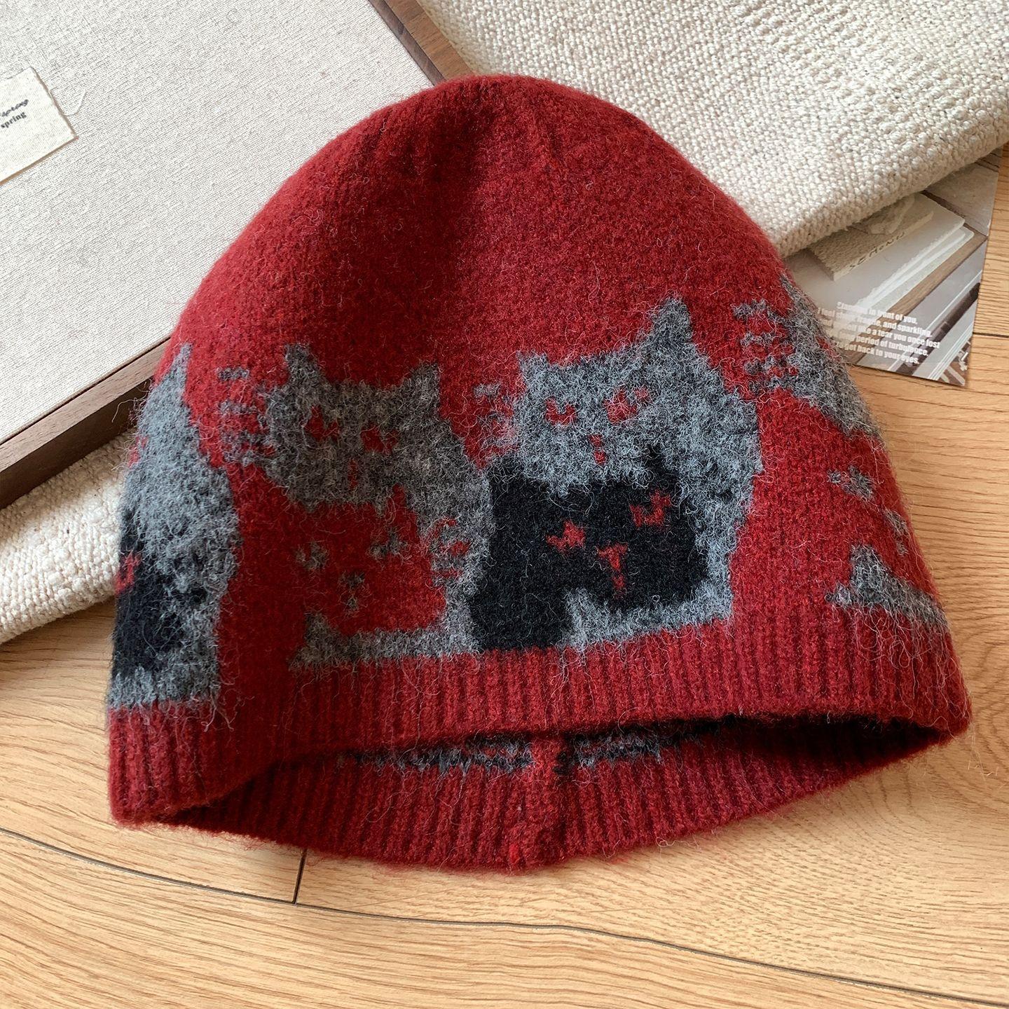 

Cartoon kitten jacquard knitted bag head hat women s season fashion warm windproof ear protection face small wool hat M（56-58cm）