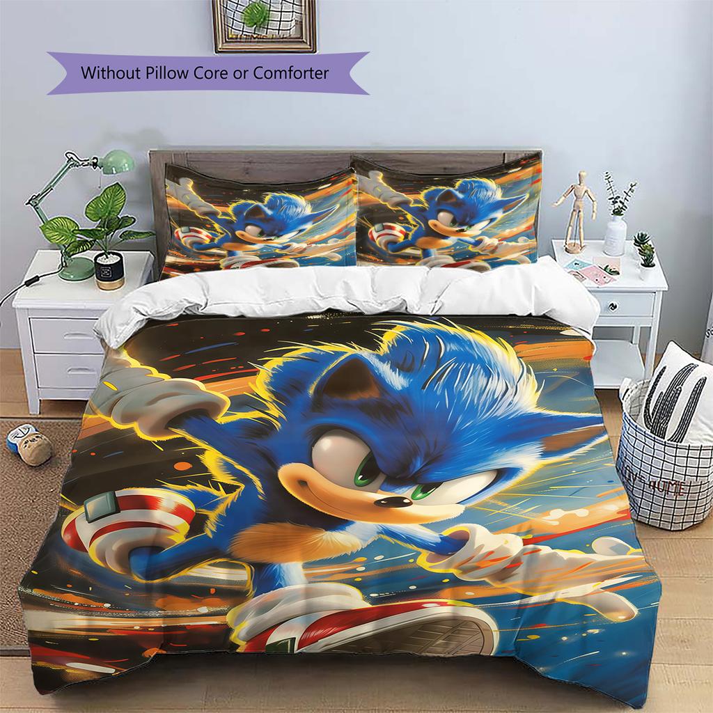 Sonic Lightning Pattern Bedding Quilt Set  Home Decoration  Gift (1 * duvet cover + 2 * pillowcase  without core)