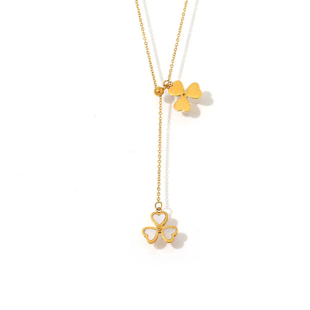 Qiong Yao Luxe Stainless Steel Mother-of-Pearl Clover Heart Necklace with Adjustable Gold PVD Coating