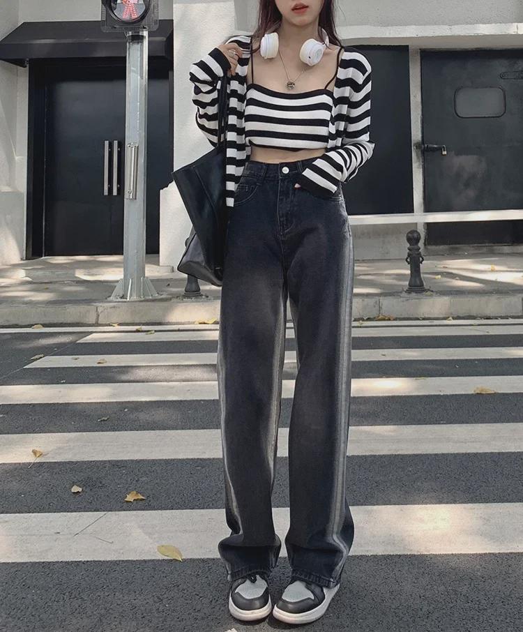 Women's Black High-Waist Straight Wide-Leg Jeans - Spring/Summer 2022 Trendy Versatile Loose Fit