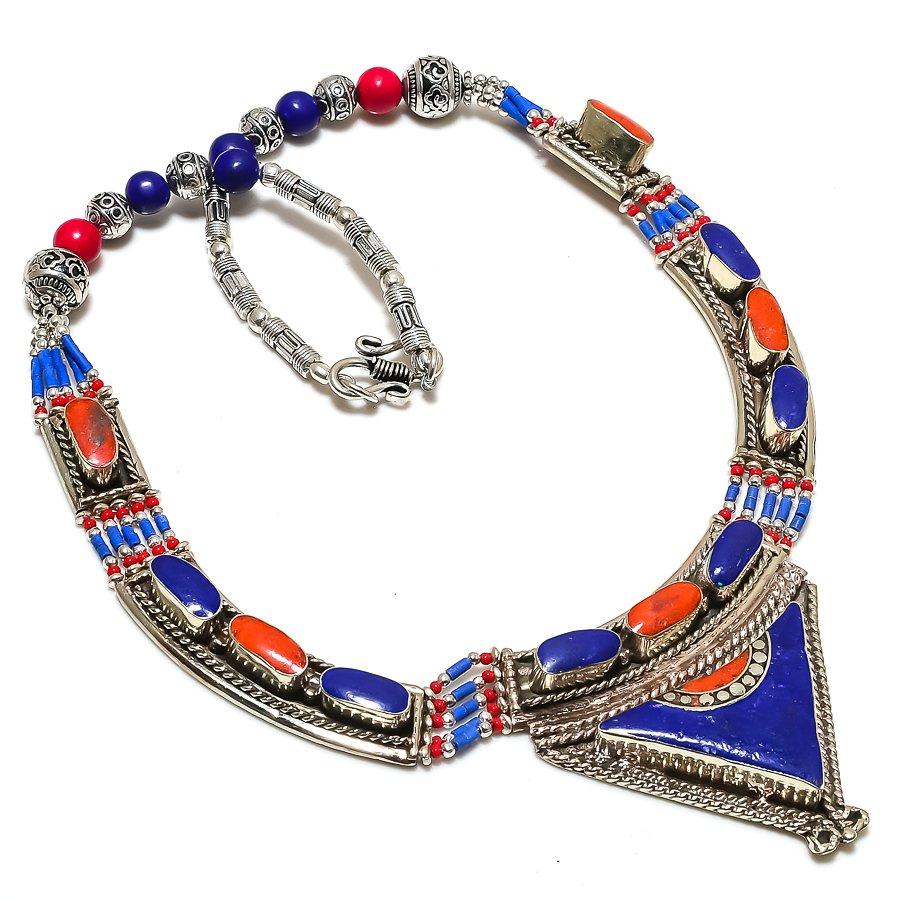 

Lapis Lazuli, Coral Gemstone Handmade Jewelry Necklace 18 K4p03