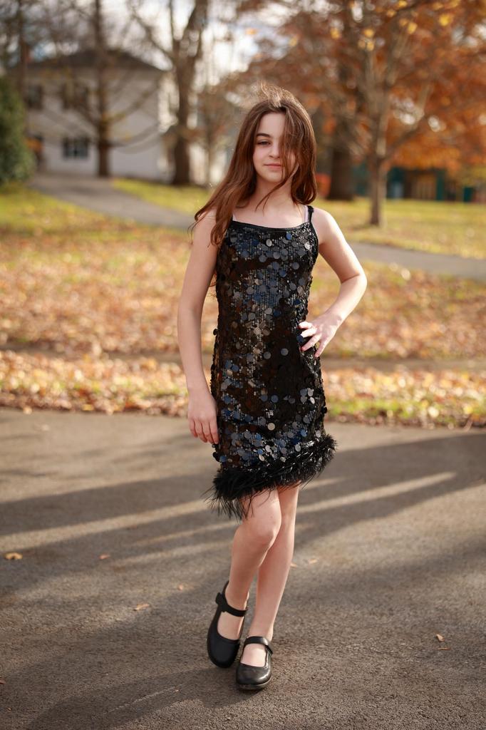 LOLANTA Girls' Sequin Dance Dress, Sleeveless, Feathered, Irregular Hem, Sparkly, for Jazz, Stage, Latin, and Party Photography, Black, 130cm