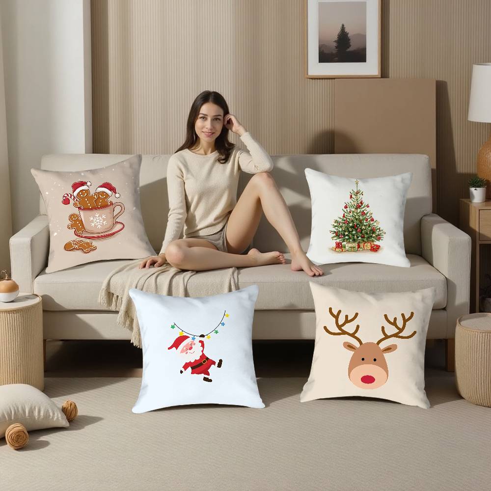 Christmas Santa And Deer Pillow Case Plush Fabric Soft Double Sided Print Sofa Cushion Cover Throw Pillow Covers