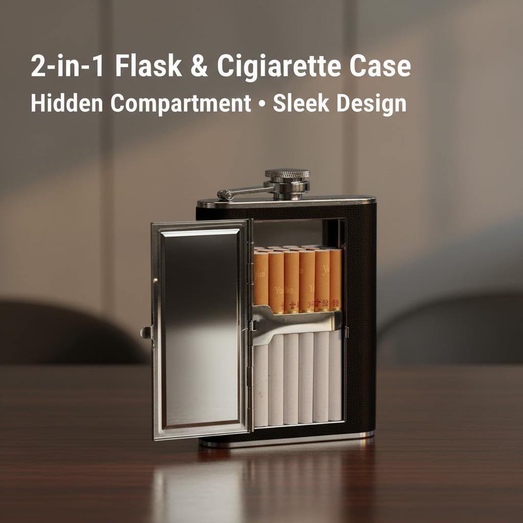Premium 6oz 2-in-1 Hip Flask & Cigarette Case Holder | Stainless Steel Pocket Whiskey Bottle | Discreet Travel Gift Set