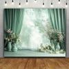 Fundal Fotografie Elegante Verde Mentă cu Flori și Draperie 2D