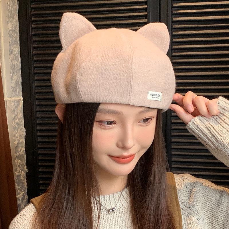 Korean Style Cute Cat Ear Beret - Casual, Versatile, Slimming, Large Head Circumference