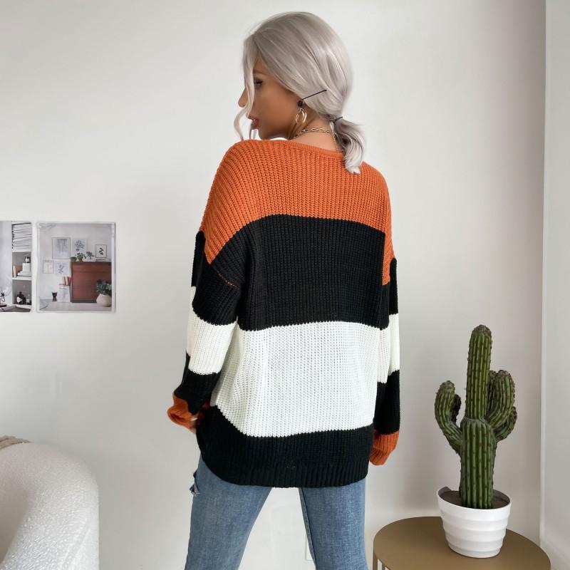 Vintage Fashion Elegant Casual Clothing Fall Women's Color Collision Round Neck Knit Inside The Pullover Sweater Women