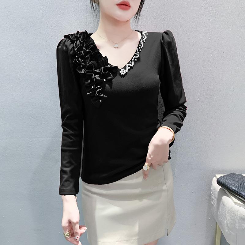 

Осенне-зимняя мода в иностранном стиле, с V-образным вырезом, бисером, длинными рукавами, женская облегающая и тонкая нижняя часть рубашки, топ 3XL