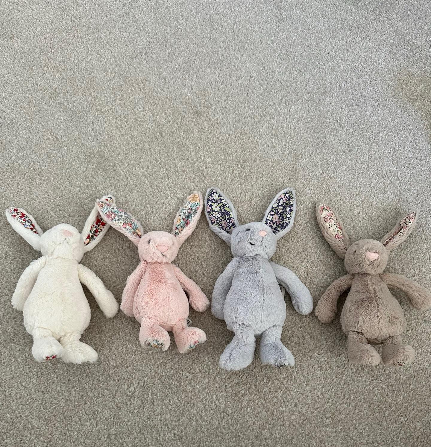 

Цветочная кукла-кролик в белом, темно-розовом, светло-розовом, коричневом, сером и фиолетовом цветах от Jellycat Complete Set + Dust Bag