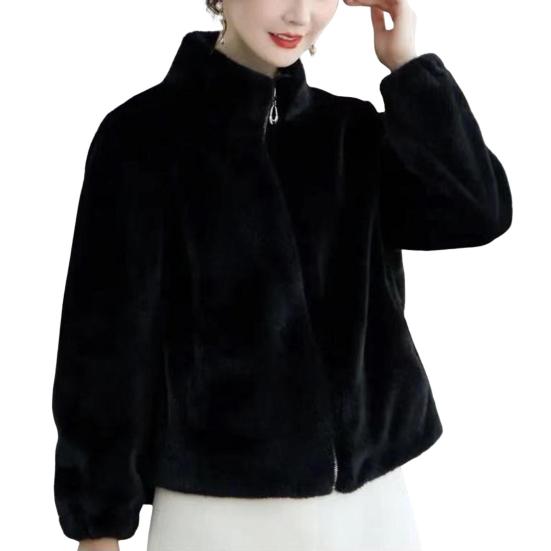 Women Winter Coat Thick Faux Fur Turn-down Collar Short Type Zip-up Cardigan Long Sleeves Cold-proof Outerwear School Outdoor Jacket