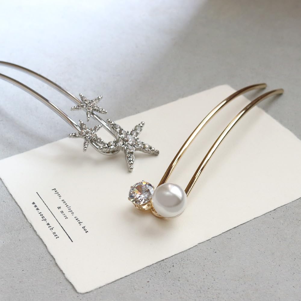 JewelVOX Kanzashi Hair Hair Pearl Star Design Hairpin, Women's Accessory, Stick, Two-Piece Set, U-Shaped, (Silver Pearl)