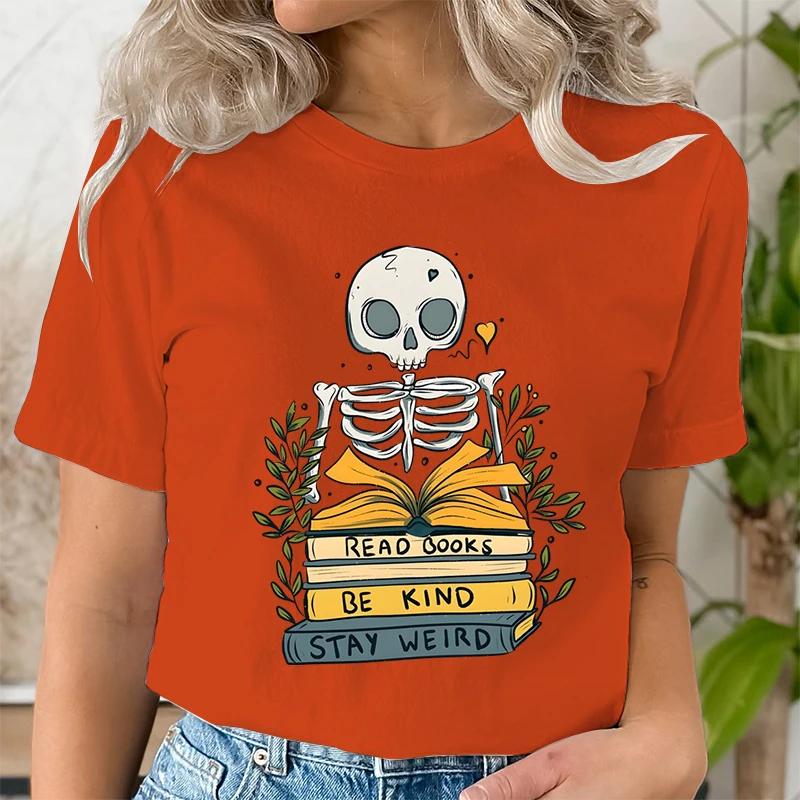 Read Books De Kind Stay Weird Tshirts Women Retro Skull Skeleton Tshirt Short Sleeve Oneck Shirt Bookworm Book Lover T Shirt