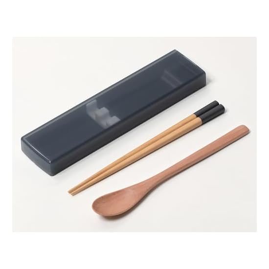ansio Quiet Antibacterial Chopsticks and Spoon 18cm Set with Sliding Case, Natural Wood, Black, Dish
