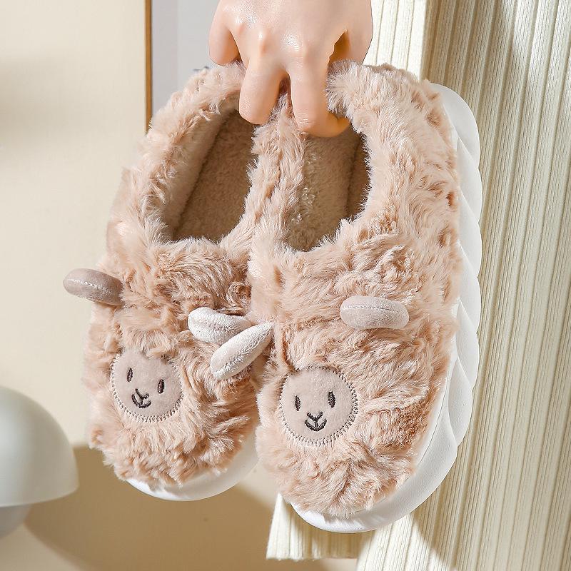 Plush Cartoon Lamb Heart Slippers for Couples - Cozy Indoor Winter Footwear for Women & Men