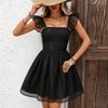 Women's Mesh Sleeve Mini Dress Fit and Flare Contrast Trim Party Cocktail Dress