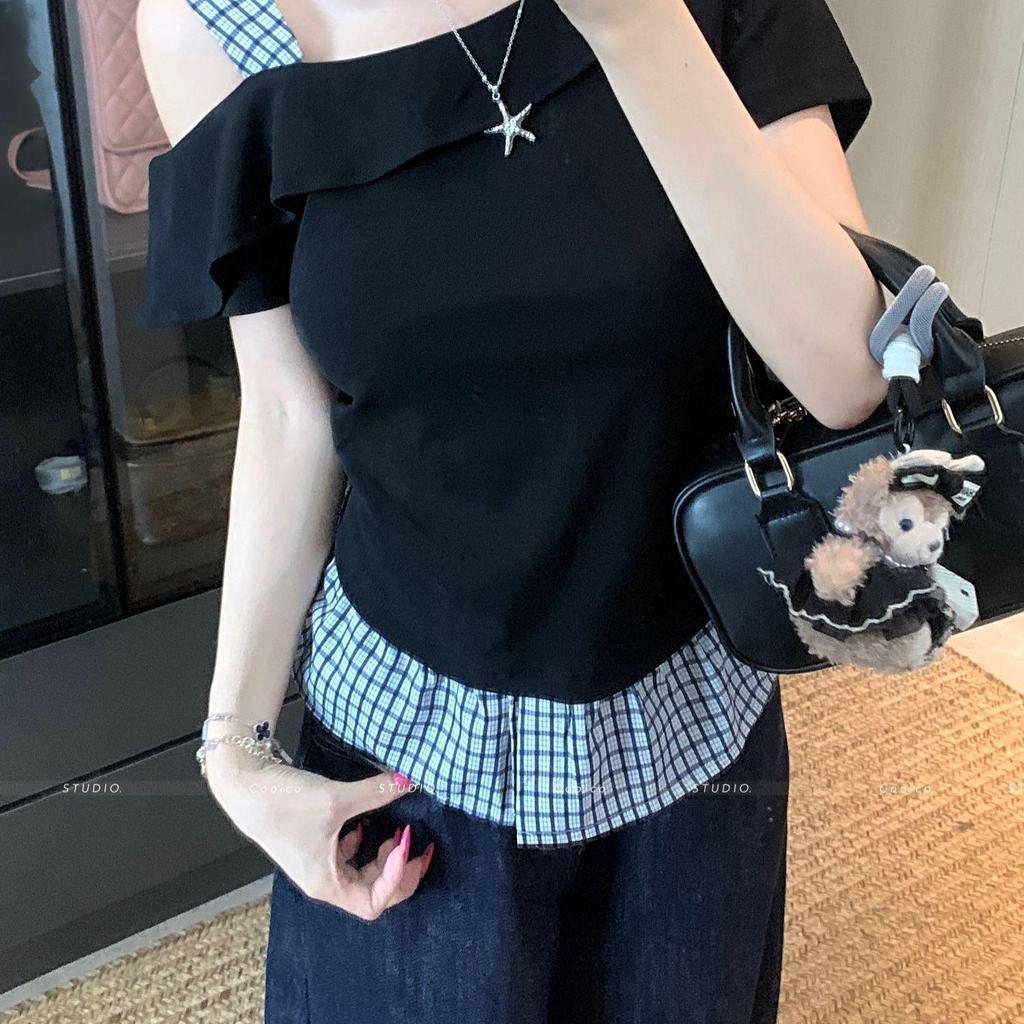 Übergrößen Off-Shoulder Patchwork Falten-Top für Damen - Sommerkollektion 2025