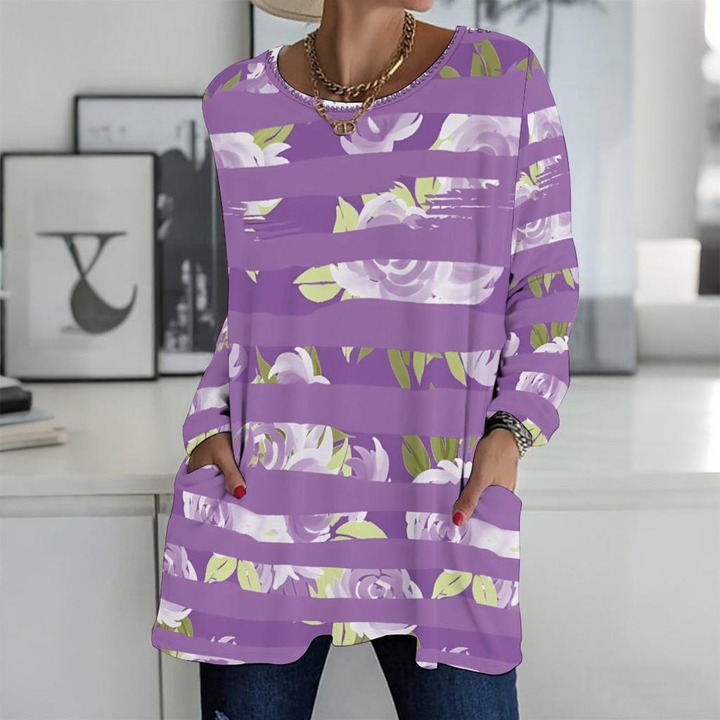 Plus Size Ladies Crew Neck Long Sleeve T Shirt Soft Baggy Tops For Home Relax And Outdoor Walking