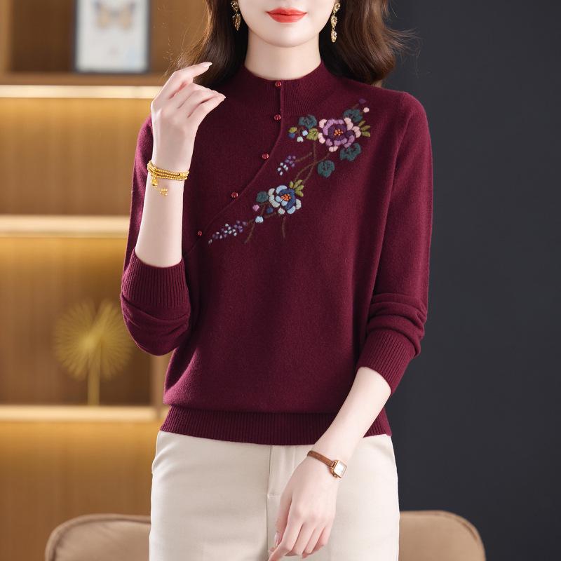 Stylish 100% Wool Sweater: Women's Autumn/Winter Embroidered Half-High Neck Knitwear, Warm Base Layer Cardigan