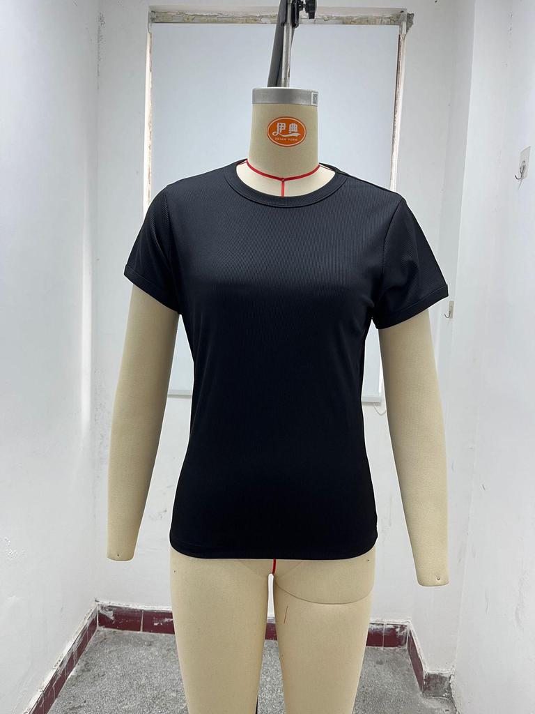 2024 Women's European American Ribbed Slim Fit Sports Top, Solid Color Short Sleeve T-shirt