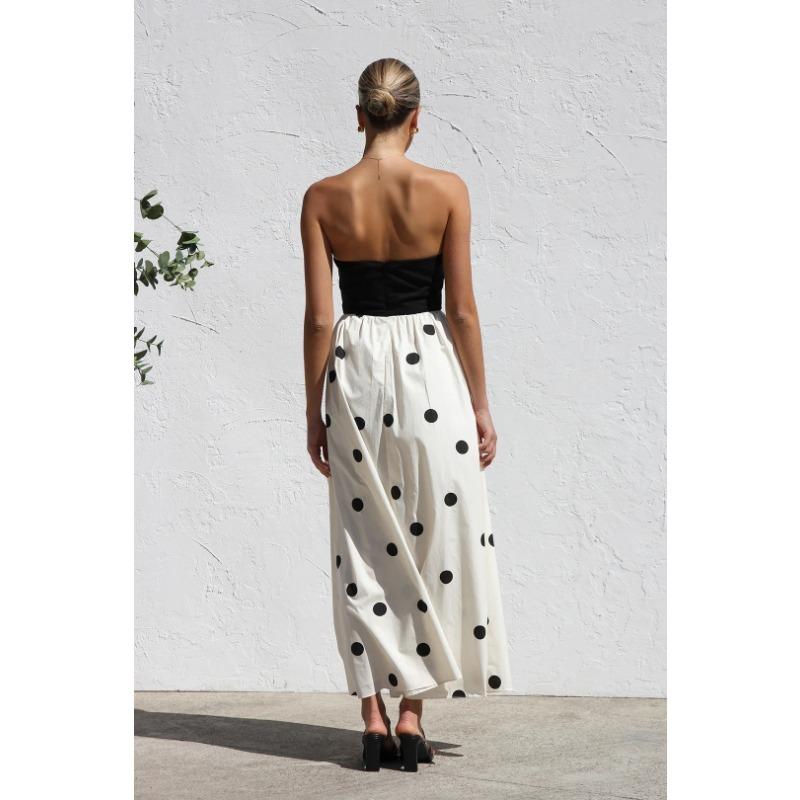 Damen Farbblock-Tube-Top-Midikleid, Trägerloses Gepunktetes Patchwork Ausgestelltes A-Linien-Langes Kleid, Elegantes Lässiges Urlaubs-Schwing-Sonnenkleid mit Seitentaschen