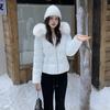 Short Waisted Down Cotton Coat for Women In Winter New Slim Fit Hooded White Fur Collar Small Person Cotton Coat