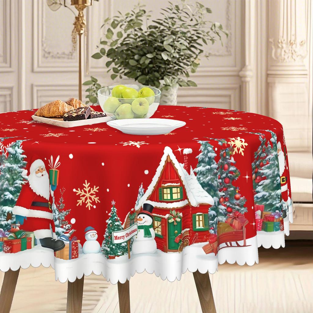 Christmas Tablecloth, Santa Snowman Christmas Tree Print, Waterproof And Oil-Proof, Round Table Square Table Cover Cloth