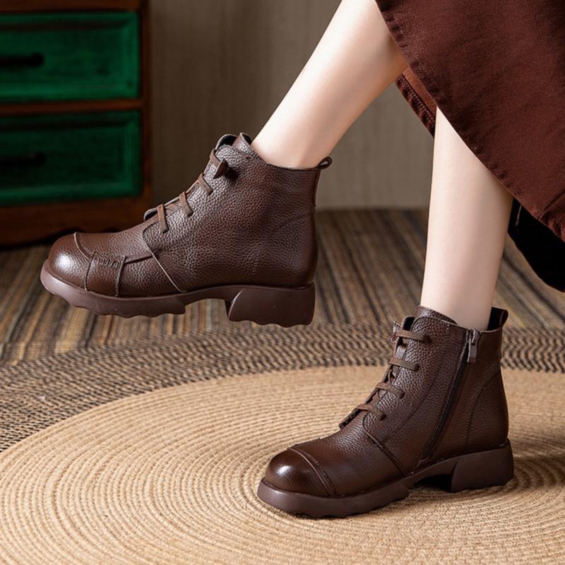 Johnature Genuine Leather Warm Round Toe Soft Soled Short Boots Low Heel Non Slip Casual Women's Shoes
