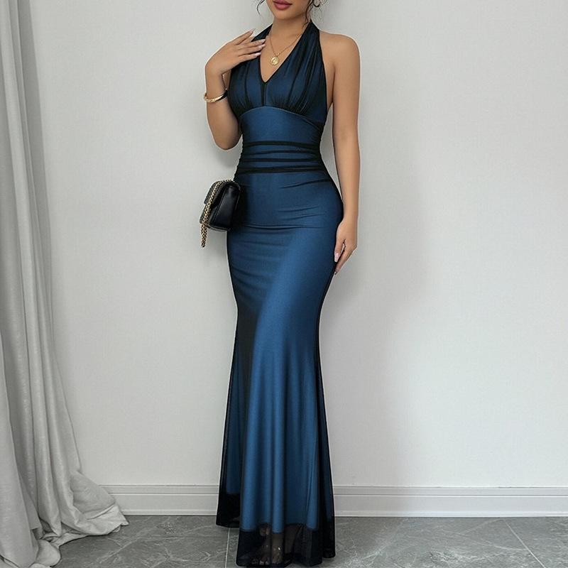 Spring new, fashionable, elegant and sexy v-neck splicing hip-wrapped dress