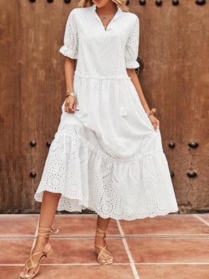 Hollow Lace Women's Dress - Elegant White Eyelet, Midi, Loose Fit, V-Neck, Short Sleeve