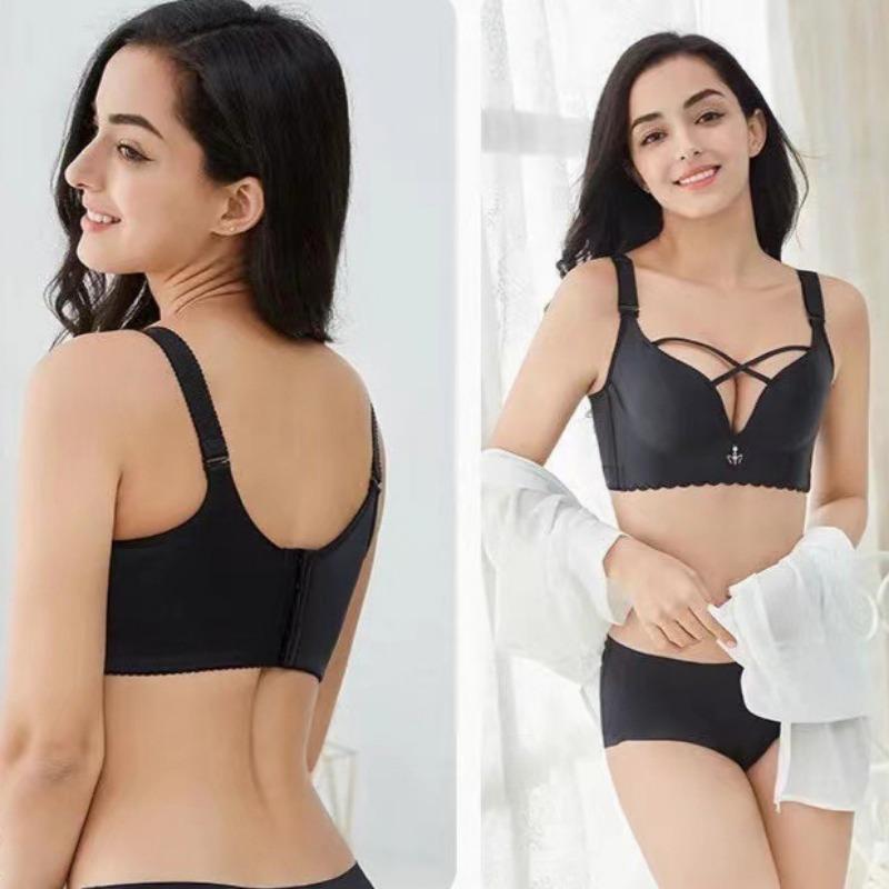 Fat Girl's No-rim Cross-gathering Plus-size Underwear with Adjustable Shape and Beautiful Back Large Cup and Side-breasted Bra