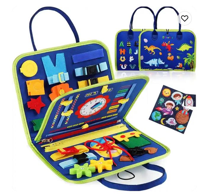 Teal Animal-Themed Montessori Sensory Busy Board Felt Bag Toy for Children