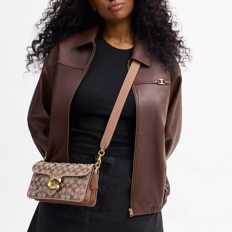 Coach Tabby 26 Crystal Logo Jacquard Classic Design Natural Grain Nappa Leather Shoulder Bag Medium Women Mushroom