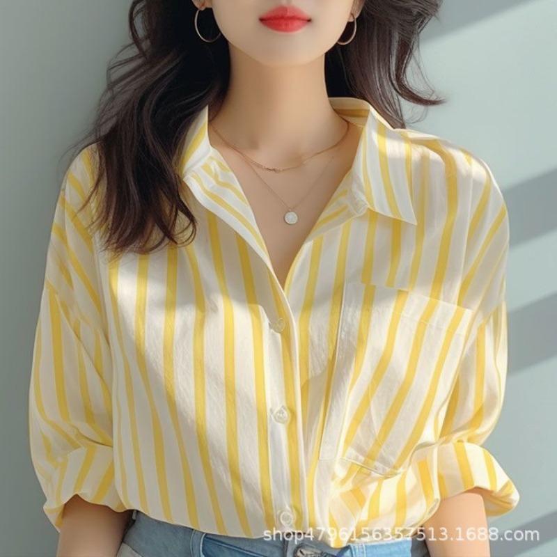 Women Yellow White Vertical Striped Loose Long Sleeve Button Down Casual Shirt S жёлтый