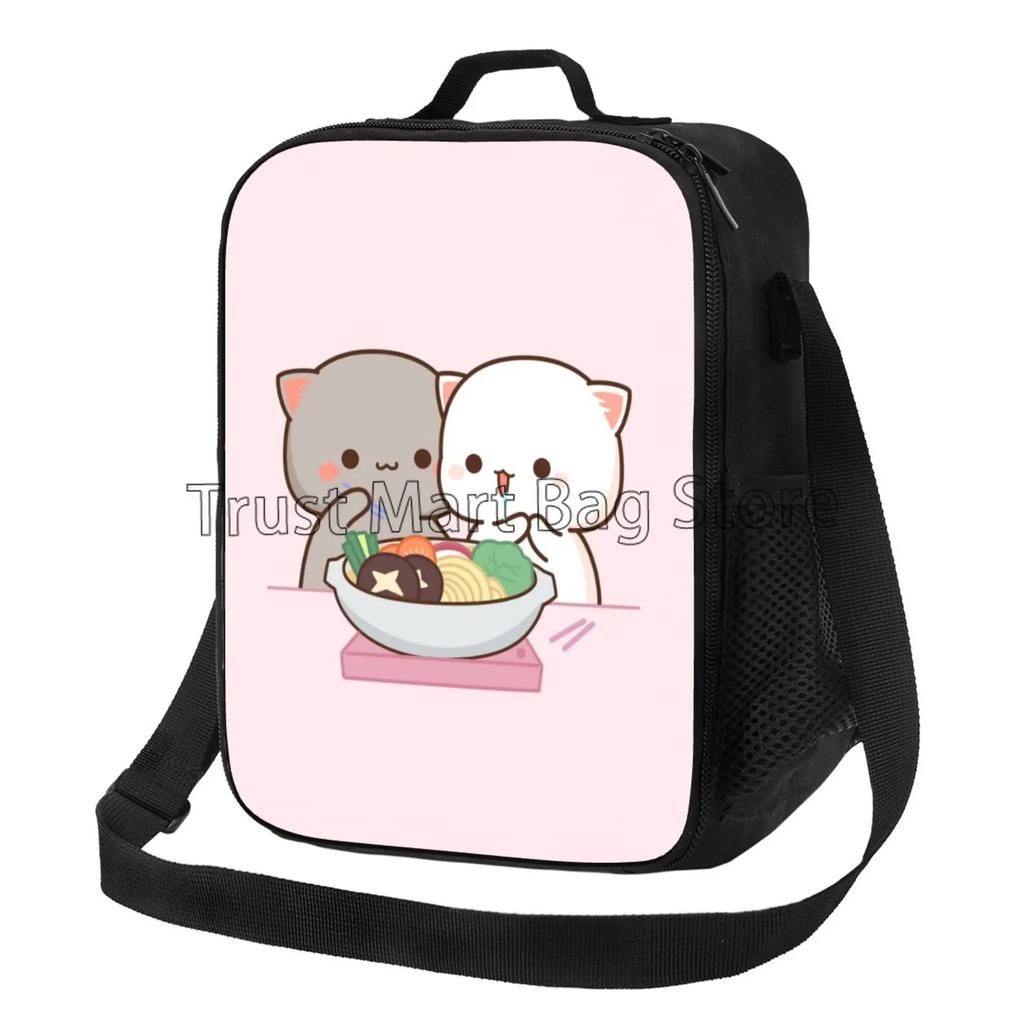 Cartoon Peach and Goma Mochi Cat Insulated Lunch Bag Resuable Leakproof Cooler Thermal Bento Bag with Adjustable Shoulder Strap