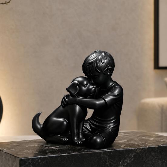 jijijing 3D Printed Puppy And Boy Statue, Dog & Owner Sculpture, Hugging Figurine Decor, Home Decoration Healing Ornament Gift