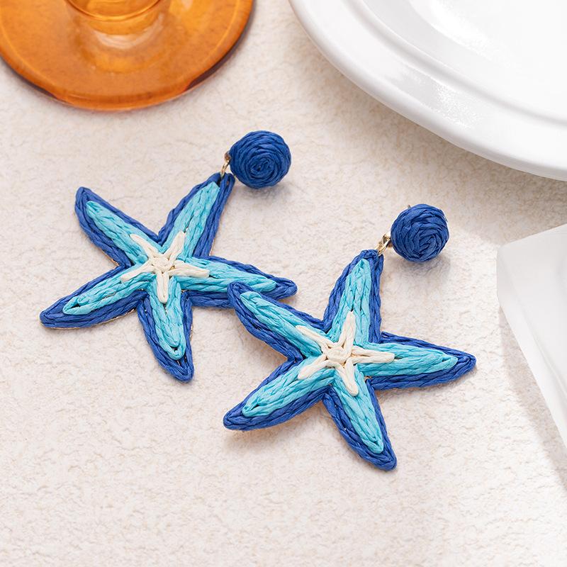 Lafite Hand-Woven Gradual Change Starfish Earrings Female Color Dopamine Exaggerated Stud Earrings Travel Vacation Wind Earrings