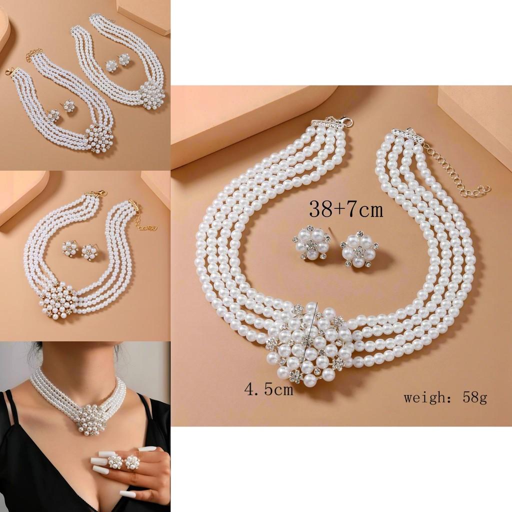 Colar com Pingente de Flor Estilo Europeu e Brincos com Pérola Artificial e Strass