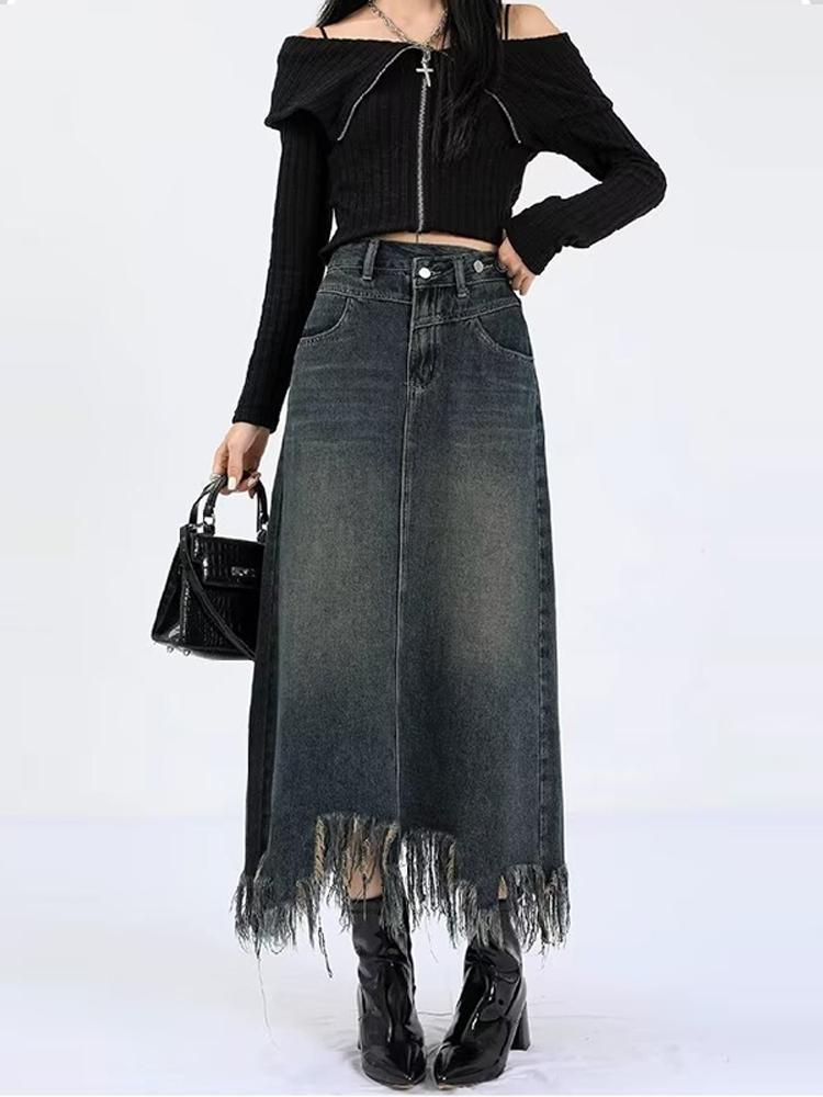 

Ретро джинсовая юбка А-силуэта для женщин, модная юбка миди с высокой талией и бахромой, одежда в корейском стиле, весна-осень 3XL