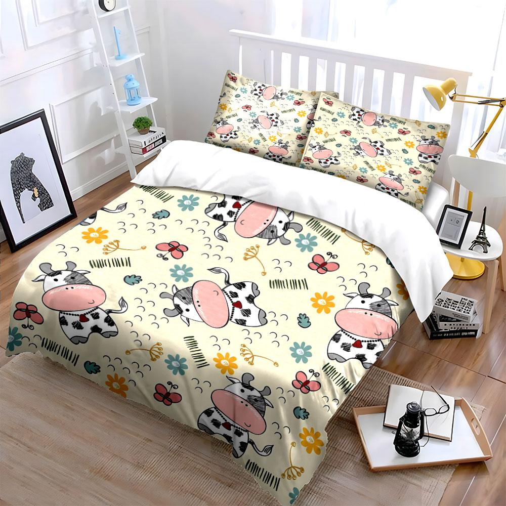 Cartoon Cows and Flowers Pattern Bedding Duvet Cover Set Duvet Cover Pillowcases  (1*Duvet Cover 2*Pillowcases, Without Duvet Insert)