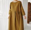 Vestito Oversize Stile Giapponese Coreano Cotone Lino Pullover Girocollo Monocolore Lunghezza al Ginocchio Gonna Svasata