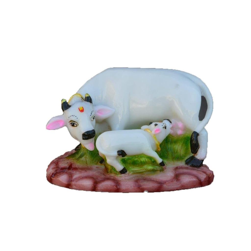 Colorful Cow and Calf Statue Polyresin Statue (12.5 Cm X 7.5 Cm X 7.5 Cm, White and Green)