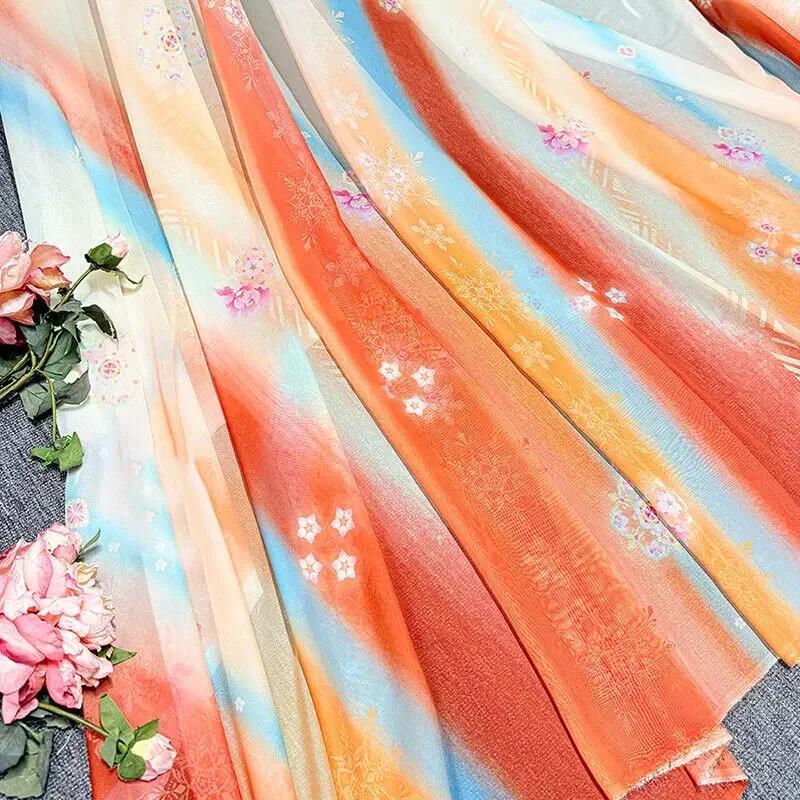 Gradient Color Chiffon Fabric Diy Rainbow Christmas Flowers Print for Hanfu Dress Skirt Shirt Sewing Cloth Sold By The Meter