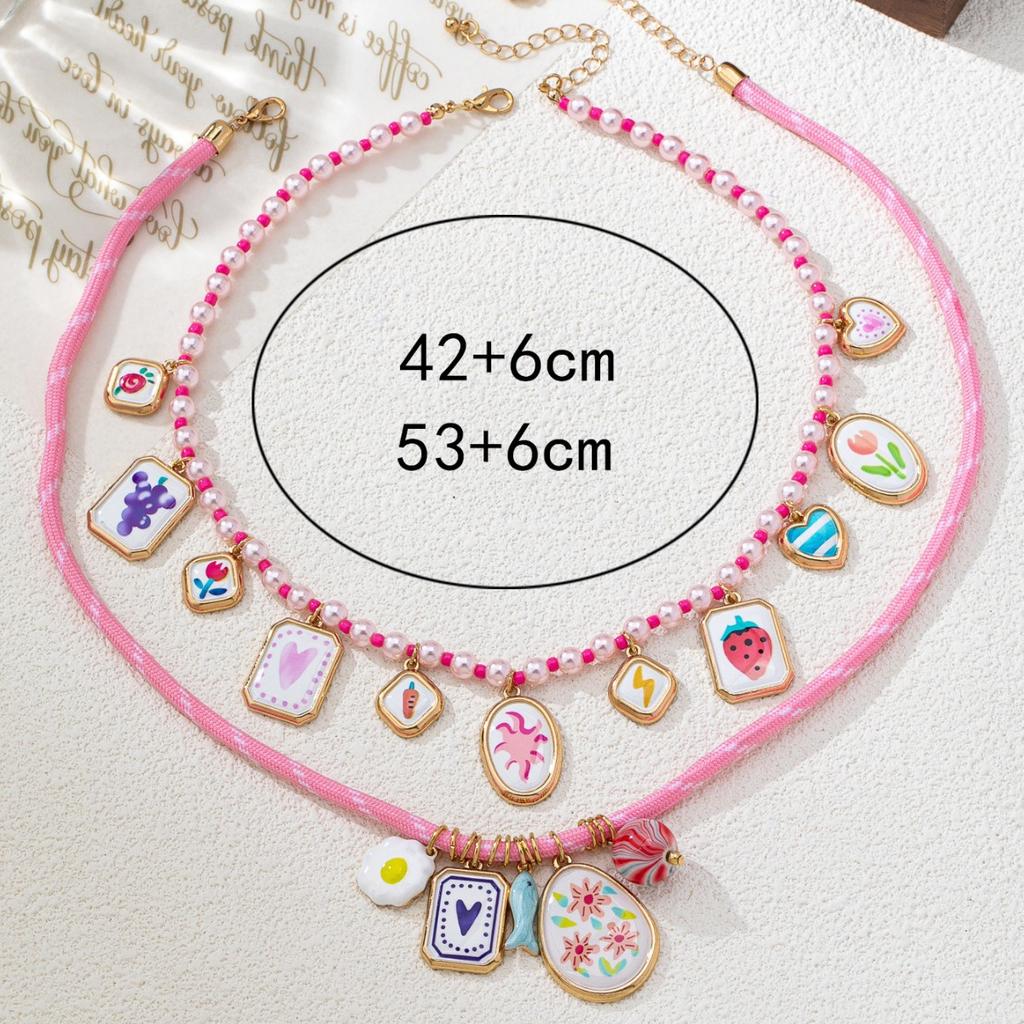 Dopamine Color Print Love Beach Vacation Pearl Geometric Multi-Element Pendant Necklace